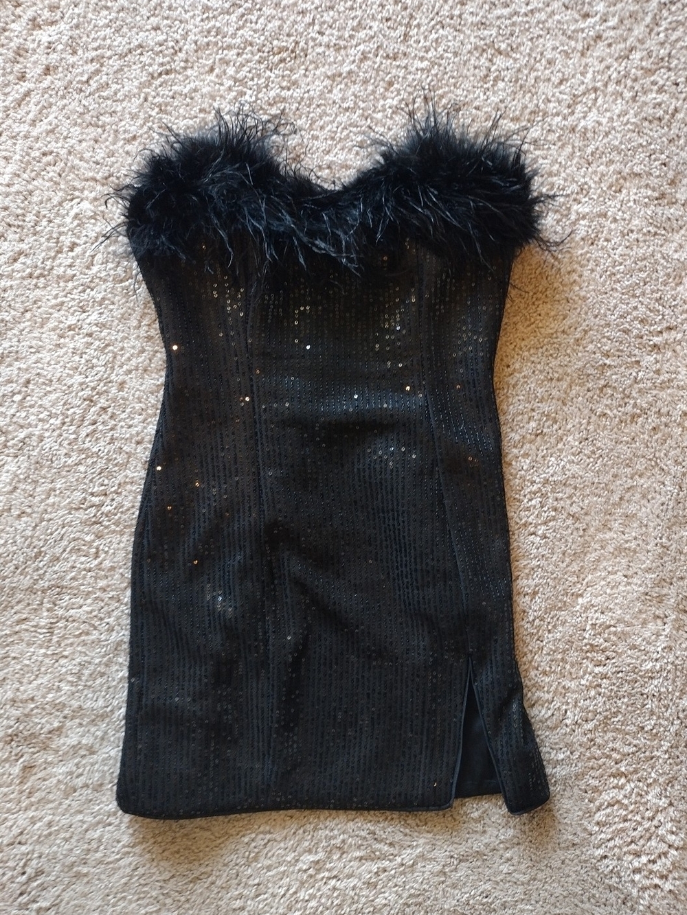 Do+Be Black Sequin Strapless Ostrich And Turkey Feather Trim Mini Dress